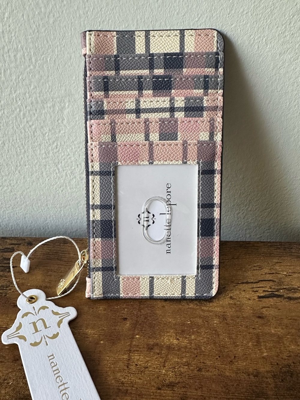 Nanette Lepore Pink Cream Plaid Card Wallet with Zip Pocket, Card, & ID Slot NWT